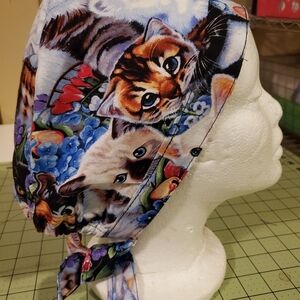New Hand Crafted Cat Print Cotton Scrub Cap Adult Sz
